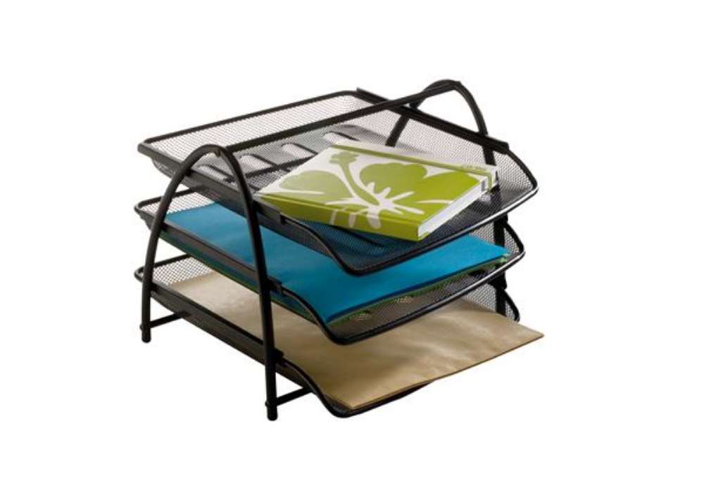 Immagine di Vaschetta portacorrispondenza Mesh - 3 ripiani - 34 x 29 x 24,5 cm - rete metallica - nero - Alba