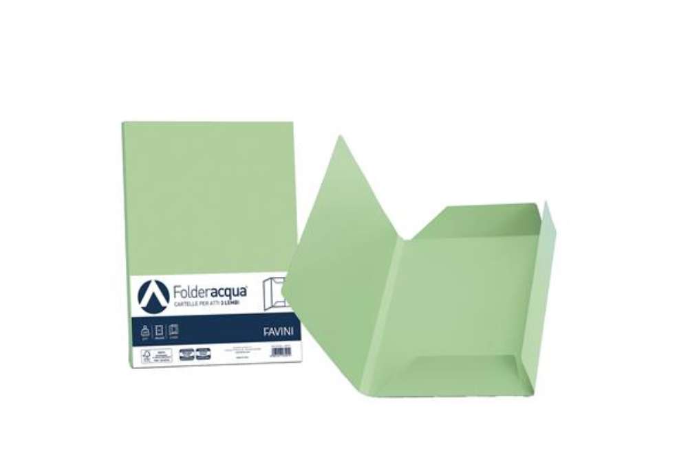 Immagine di Cartellina 3 lembi Acqua - 200 gr - A4 - cartoncino bristol - verde chiaro - Favini - conf. 25 pezzi