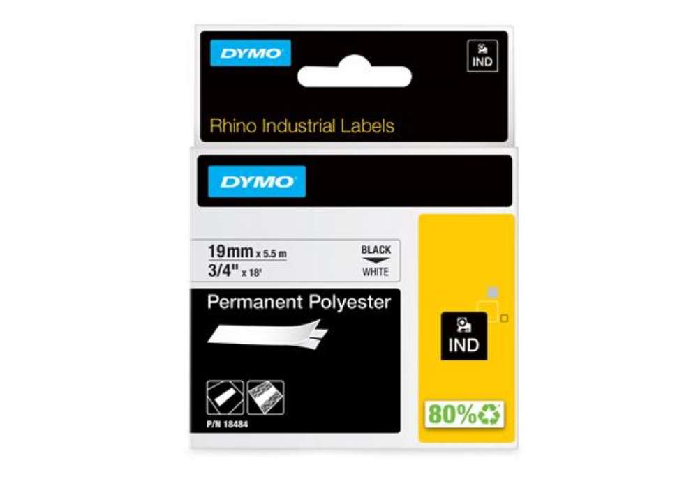 Immagine di Nastro Rhino 18484 - 19 mm x 5,5 mt - poliestere permanente - nero/bianco - Dymo