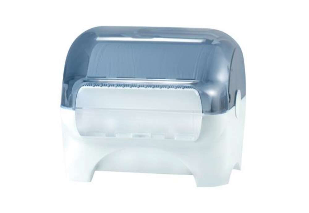 Immagine di Dispenser carenato da banco Wiperbox per bobine asciugatutto - 34x31,5x36 cm - bianco/azzurro traspa