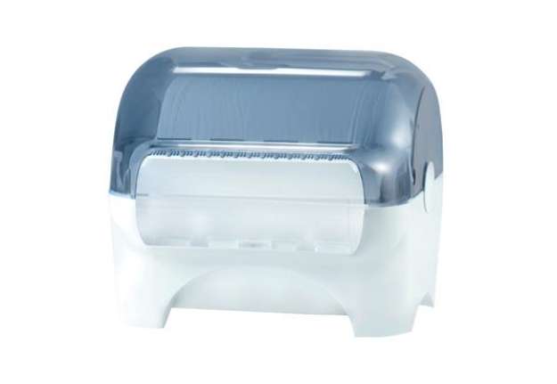 Immagine di Dispenser carenato da banco Wiperbox per bobine asciugatutto - 34x31,5x36 cm - bianco/azzurro traspa