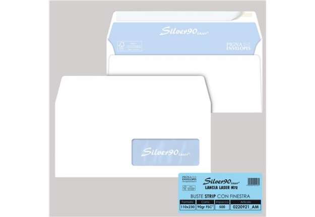 Immagine di Busta Silver90 Strip Laser FSC - con finestra - internografata - 11 x 23 cm - 90 gr - bianco - Pigna