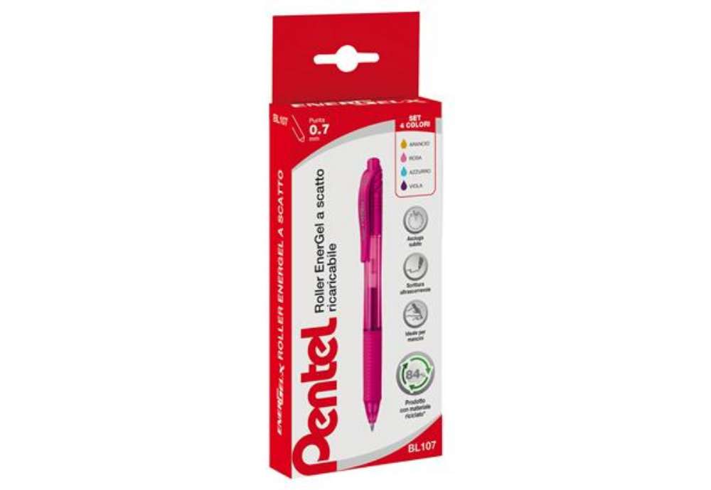 Immagine di Roller a scatto Energel X BL 107  - punta 0,7mm - astuccio 4 colori assortiti - Pentel