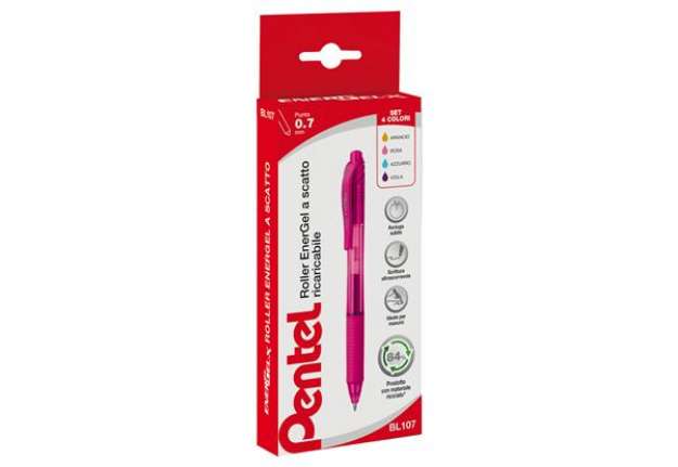 Immagine di Roller a scatto Energel X BL 107  - punta 0,7mm - astuccio 4 colori assortiti - Pentel