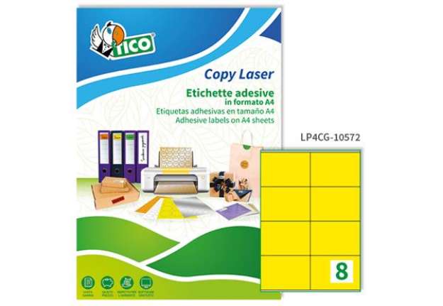 Immagine di Etichette adesive LP4C - in carta - permanenti - 105 x 72 mm - 8 et/fg - 70 fogli giallo opaco - Tic
