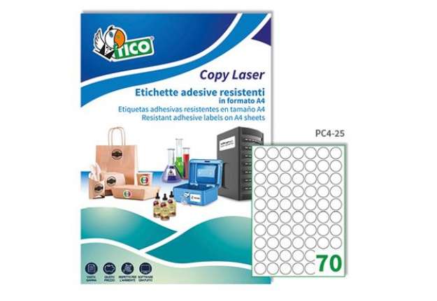 Immagine di Etichette adesive tonde PC4 - in poliestere - laser - permanenti - diametro 25 mm - 70 et/fg - 100 f