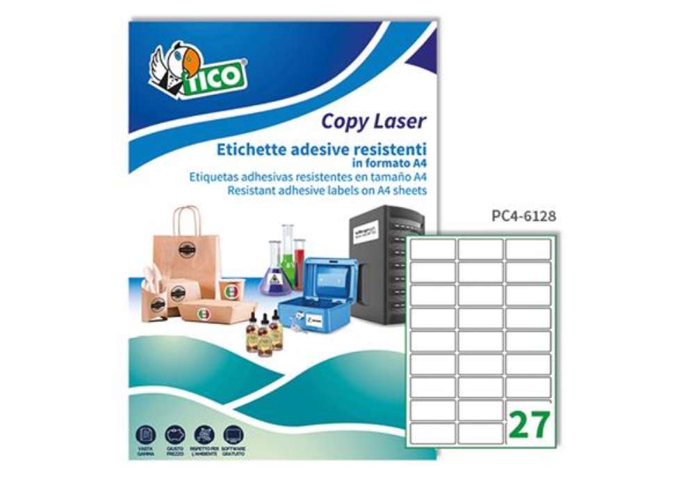 Immagine di Etichette adesive PC4 - in poliestere - laser - permanenti - 61 x 286 mm - 27 et/fg - 100 fogli - tr