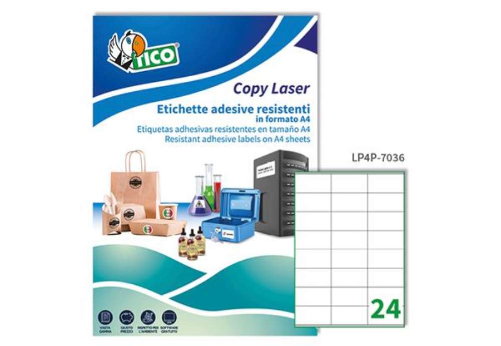Immagine di Etichette adesive LP4P - in poliestere - laser - permanenti - 70 x 36 mm - 24 et/fg - 70 fogli - bia
