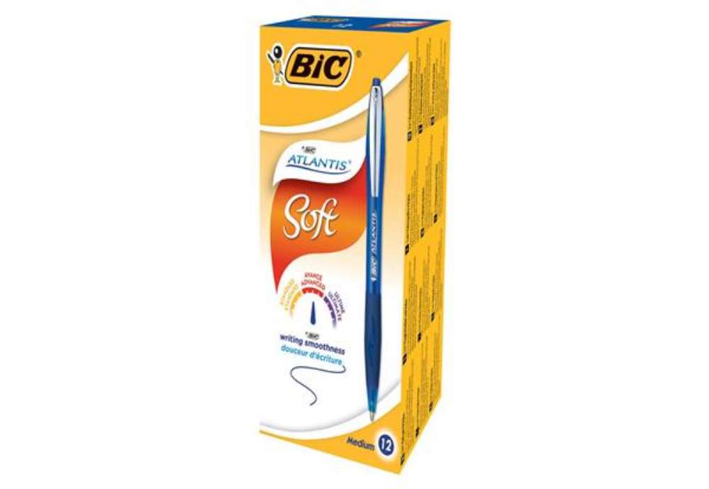 Immagine di Penne a sfera a scatto Atlantis Soft  - punta 1,0mm - blu - clip in metallo - Bic - conf. 12 pezzi