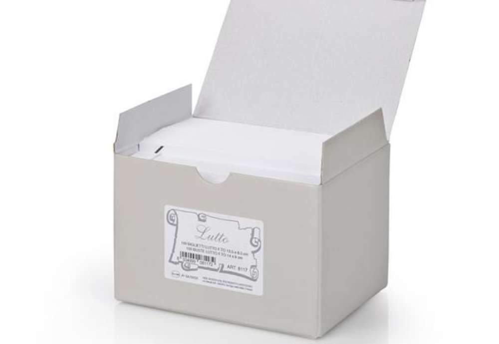 Immagine di Scatola 100 biglietti + 100 buste - Lutto - bianco - 9 x 14 cm - Rex Sadoch