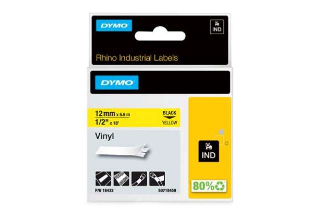 Immagine di Nastro Rhino 18432 - 12 mm x 5,5 mt - vinile - permanente - nero/giallo - Dymo