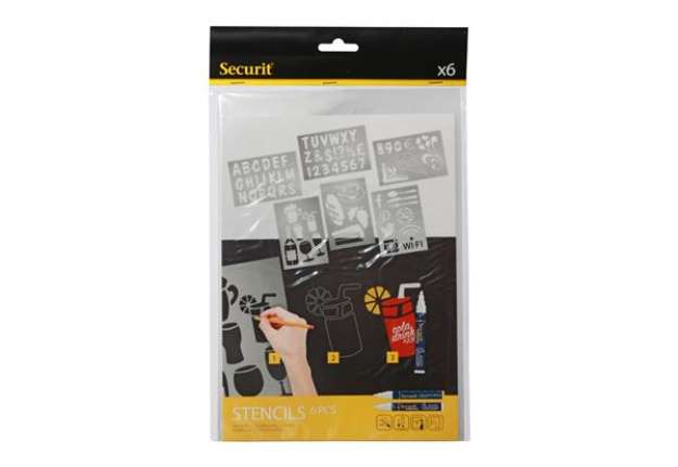 Immagine di Stencil trasparenti assortiti (lettere, numeri, forme) - 32 x 22 cm - Securit - set 6 pezzi