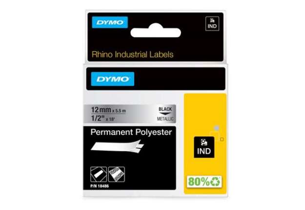 Immagine di Nastro Rhino 18486 - 12 mm x 5,5 mt - poliestere - permanente - nero/metallo - Dymo