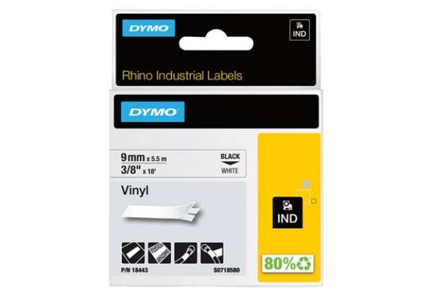 Immagine di Nastro Rhino 18443 - 9 mm x 5,5 mt - vinile - permanente - nero/bianco - Dymo