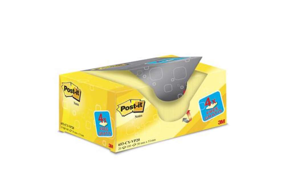Immagine di Blocco foglietti Post-it - 653CY-VP20 - 38 x 51 mm - 72 gr -  giallo Canary - Post-it - conf. 20 blo