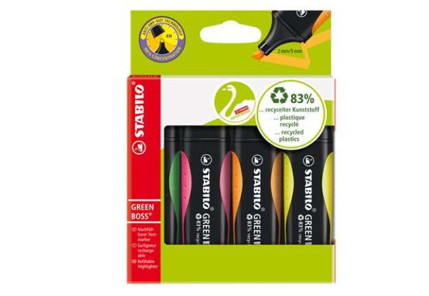 Immagine di Evidenziatore Green Boss - punta a scalpello - tratto 2 - 5 mm - colori assortiti - 83% plastica ric