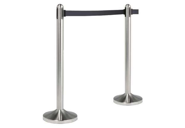 Immagine di Colonnina segnapercorso cromata - altezza 100 cm - nastro retrattile nero da 210 cm - Securit