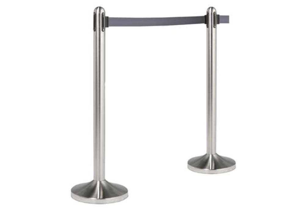 Immagine di Colonnina segnapercorso cromata - altezza 100 cm - nastro retrattile grigio da 210 cm - Securit