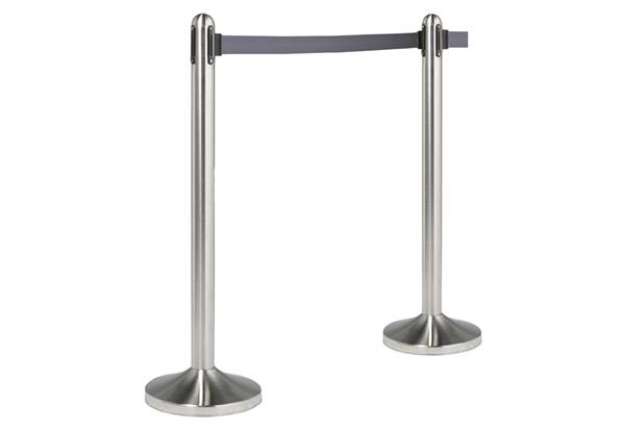 Immagine di Colonnina segnapercorso cromata - altezza 100 cm - nastro retrattile grigio da 210 cm - Securit