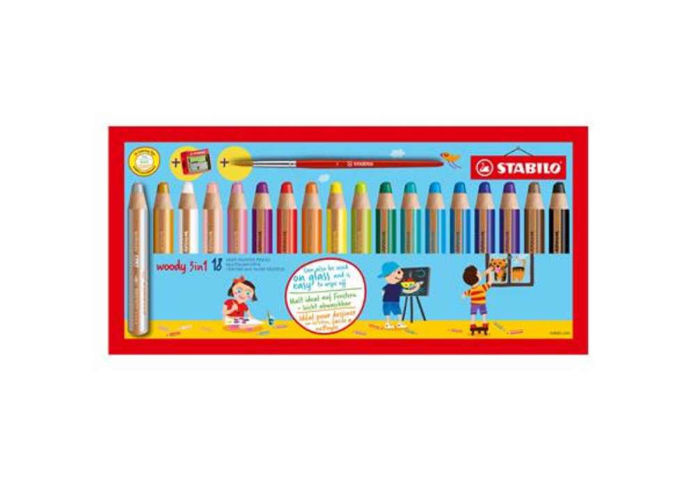 Immagine di Pastelli Woody 3 in 1 - mina 10 mm - con temperino - Stabilo - astuccio 18 pezzi