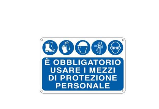 Immagine di Cartello segnalatore - 30x20 cm - E' OBBLIGATORIO USARE I MEZZI DI PROTEZIONE INDIVIDUALE - allumini