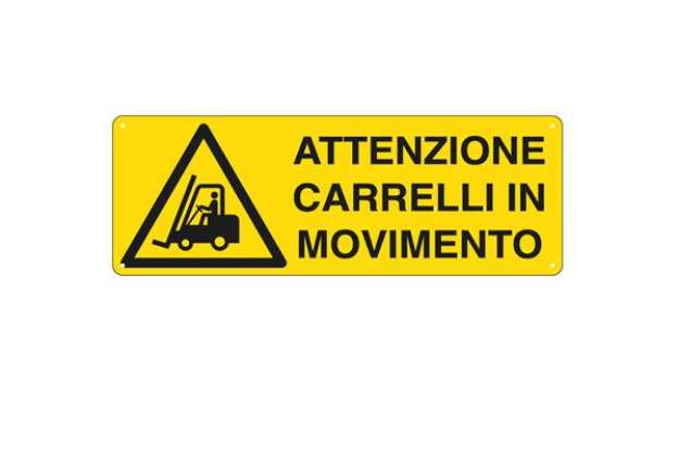 Immagine di Cartello segnalatore - 35x12,5 cm - ATTENZIONE CARRELLI IN MOVIMENTO - alluminio - Cartelli Segnalat