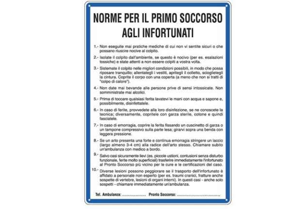 Immagine di Cartello segnalatore - 33,3x47 cm - NORME DI PRIMO SOCCORSO AGLI INFORTUNATI - alluminio - Cartelli