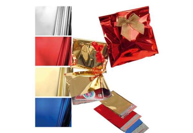 Immagine di Busta regalo - con patella adesiva - 35 x 50 + 5 cm - 30 micron - PPL - metal lucido - rosso - PNP -