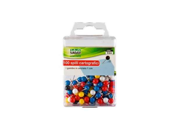 Immagine di Spilli cartografici a sfera - colori assortiti - Lebez - scatola 100 pezzi