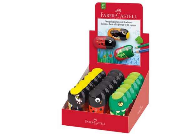 Immagine di Temperamatite Animals con contenitore - 2 fori - con serbatoio e gomma assortiti - Faber-Castell