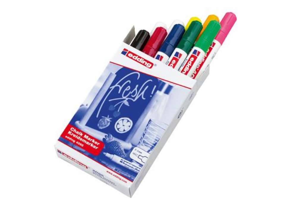 Immagine di Marcatore a gesso liquido 4095 - punta tonda - da 2 a 3mm - colori assortiti - Edding - astuccio 10