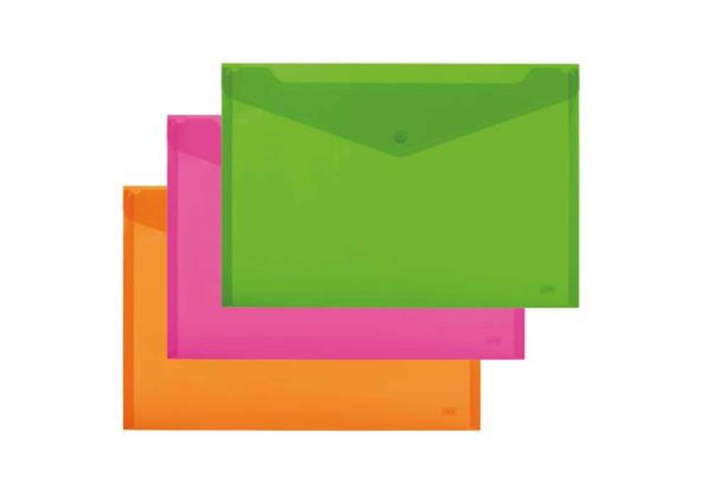 Immagine di Busta con bottone - 33,5 x 23.5 cm - PP - colori assortiti fluo - Lebez - conf. 3 pezzi