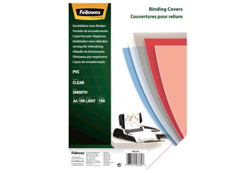 Immagine di Copertine Clear - A4 - 180 micron - PVC - neutro trasparente - Fellowes - scatola 100 pezzi