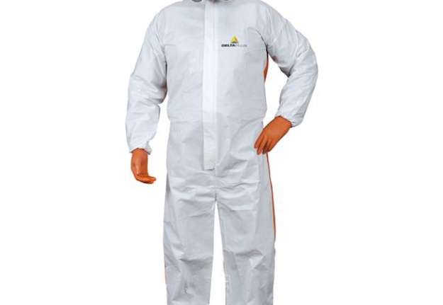 Immagine di Tuta di protezione da rischio chimico DT125 - monouso - taglia L - bianco/arancio - Deltaplus
