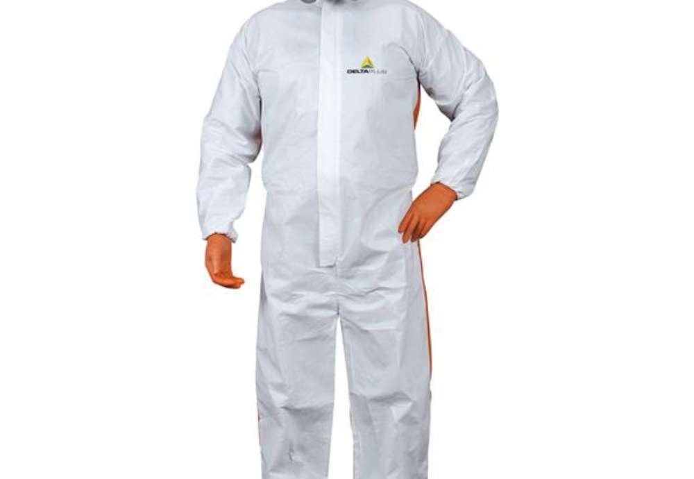 Immagine di Tuta di protezione da rischio chimico DT125 - monouso - taglia XL - PP/PE - bianco/arancio - Deltapl