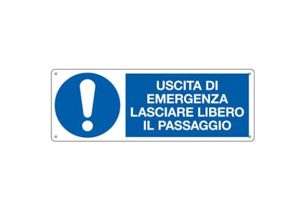 Immagine di Cartello segnalatore - 35x12,5 cm - USCITA DI EMERGENZA LASCIARE LIBERO IL PASSAGGIO - alluminio - C