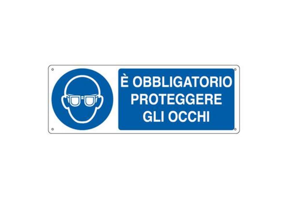 Immagine di Cartello segnalatore - 35x12,5 cm - E' OBBLIGATORIO PROTEGGERE GLI OCCHI - alluminio - Cartelli Segn
