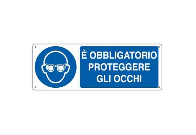 Immagine di Cartello segnalatore - 35x12,5 cm - E' OBBLIGATORIO PROTEGGERE GLI OCCHI - alluminio - Cartelli Segn
