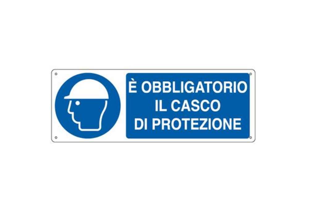 Immagine di Cartello segnalatore - 35x12,5 cm - E' OBBLIGATORIO IL CASCO DI PROTEZIONE - alluminio - Cartelli Se