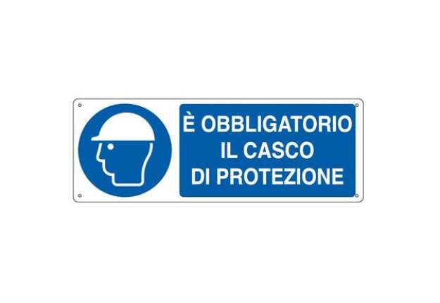 Immagine di Cartello segnalatore - 35x12,5 cm - E' OBBLIGATORIO IL CASCO DI PROTEZIONE - alluminio - Cartelli Se