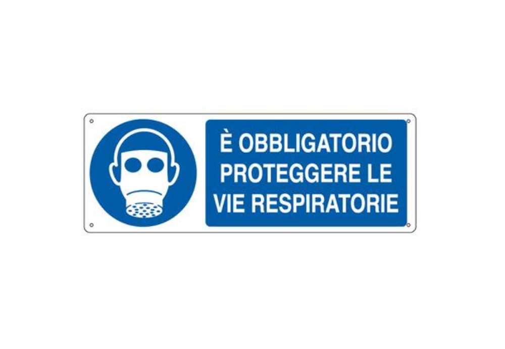 Immagine di Cartello segnalatore - 35x12,5 cm - E' OBBLIGATORIO PROTEGGERE LE VIE RESPIRATORIE - alluminio - Car