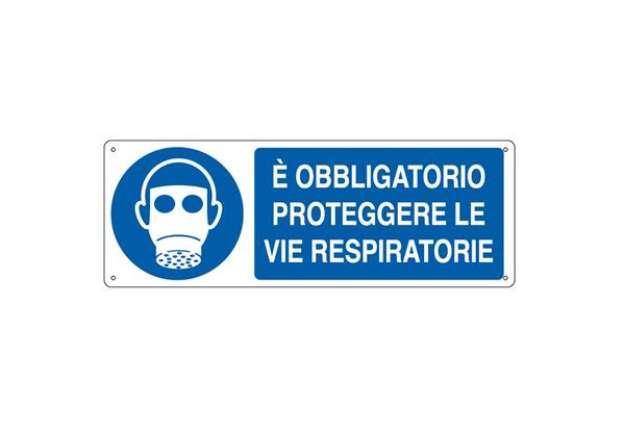 Immagine di Cartello segnalatore - 35x12,5 cm - E' OBBLIGATORIO PROTEGGERE LE VIE RESPIRATORIE - alluminio - Car