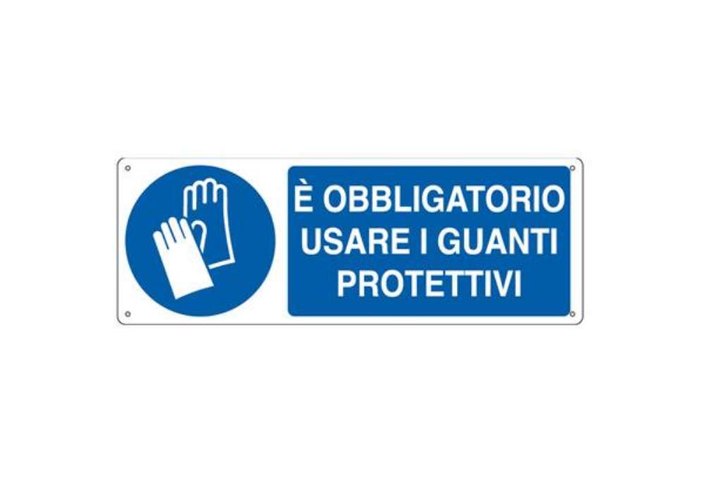 Immagine di Cartello segnalatore - 35x12,5 cm - E' OBBLIGATORIO USARE I GUANTI PROTETTIVI - alluminio - Cartelli
