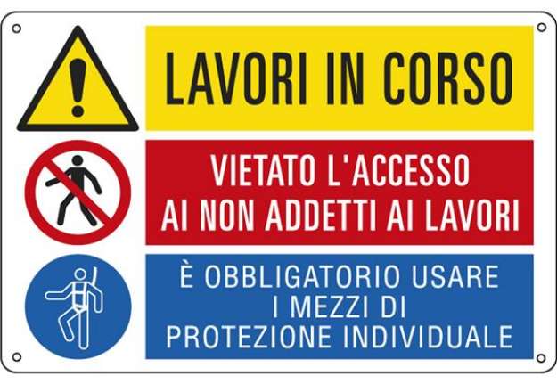Immagine di Cartello segnalatore multisimbolo - 50x33,3 cm - LAVORI IN CORSO/VIETATO L'ACCESSO…/E' OBBLIGATORIO…