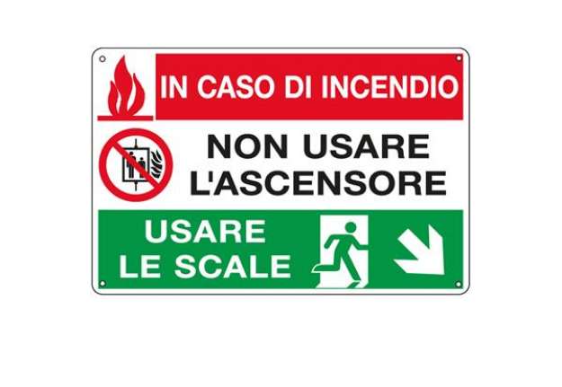 Immagine di Cartello segnalatore multisimbolo - 30x20 cm - IN CASO DI INCENDIO NON USARE L'ASCENSORE… - allumini