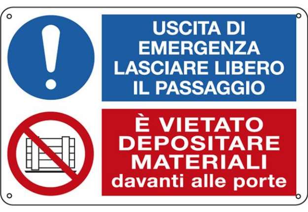 Immagine di Cartello segnalatore multisimbolo - 30x20 cm - USCITA DI EMERGENZA…/E' VIETATO DEPOSITARE… - allumin