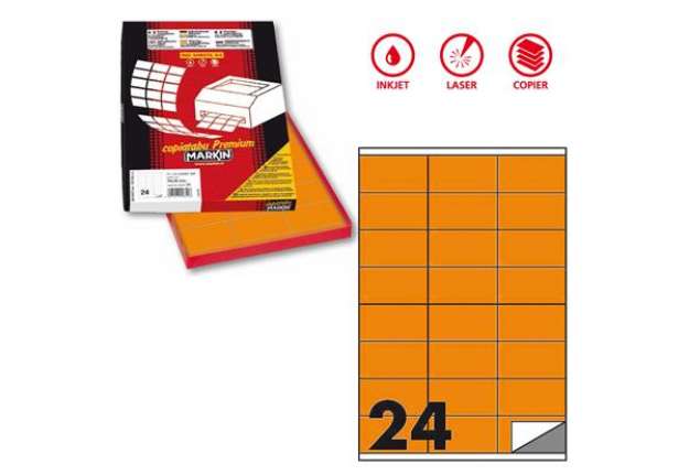 Immagine di Etichette adesive C/500 - in carta - permanenti - 70 x 36 mm - 24 et/fg - 100 fogli - arancio fluo -