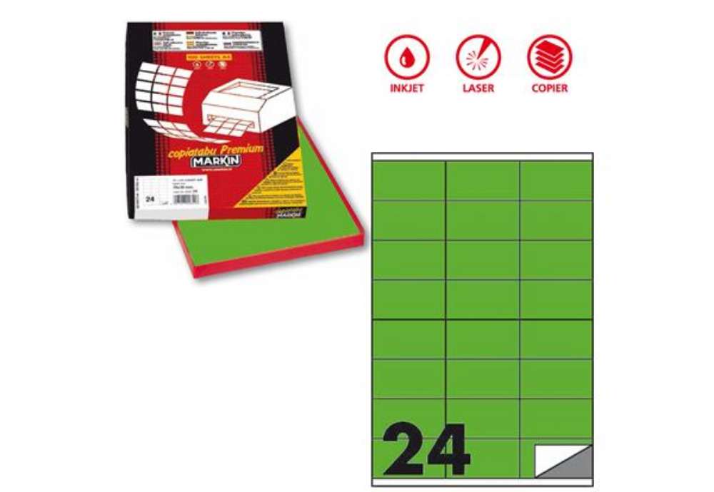 Immagine di Etichette adesive C/500 - in carta - permanenti - 70 x 36 mm - 24 et/fg - 100 fogli - verde fluo - M