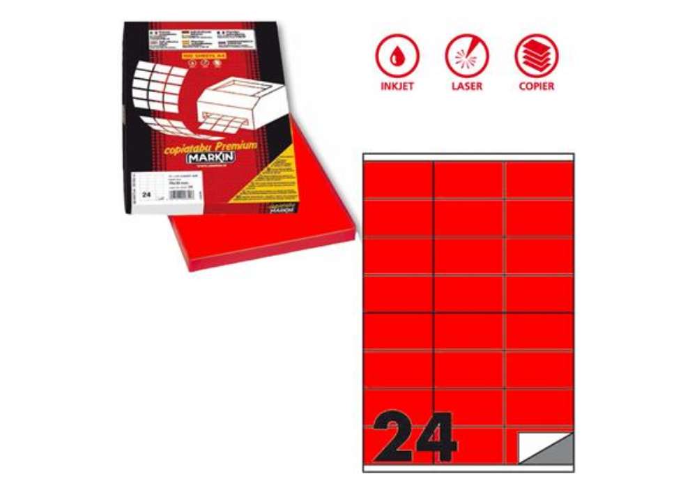 Immagine di Etichette adesive C/500 - in carta - permanenti - 70 x 36 mm - 24 et/fg - 100 fogli - rosso fluo - M