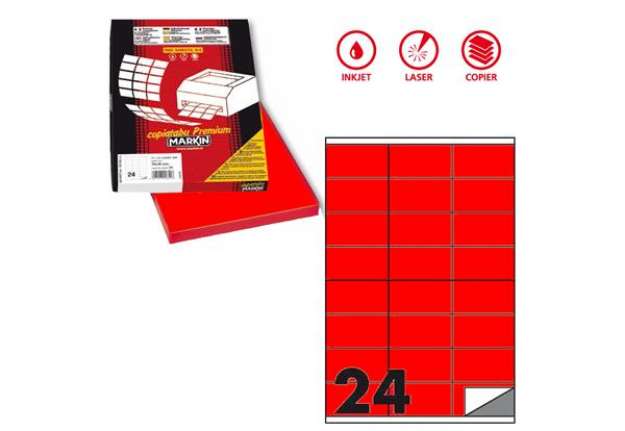 Immagine di Etichette adesive C/500 - in carta - permanenti - 70 x 36 mm - 24 et/fg - 100 fogli - rosso fluo - M